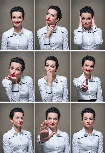 Business Woman Portrait Collage Different Expression Grunge Background — Stok fotoğraf