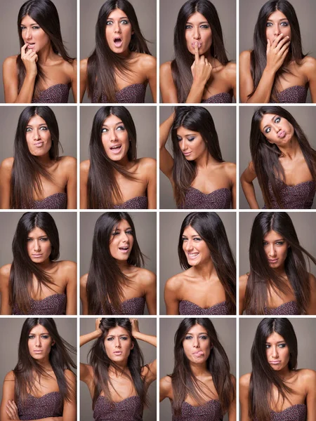 Collage Beautiful Woman Close Portrait Different Expression — Photo