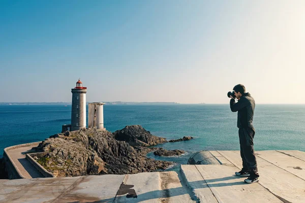 Professional Photographer Taking Picture Phare Petit Minou Plouzane Brittany France — Stock fotografie