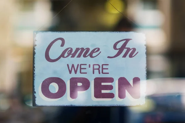 Open Vintage Wooden Sign Board Glass Store Window Filtered Image — Stock Photo, Image