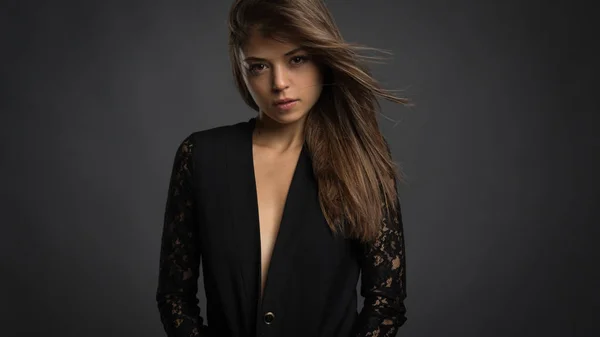 Confident Beautiful Woman Studio Portrait Long Hair Wearing Black Jacket — Stock Photo, Image