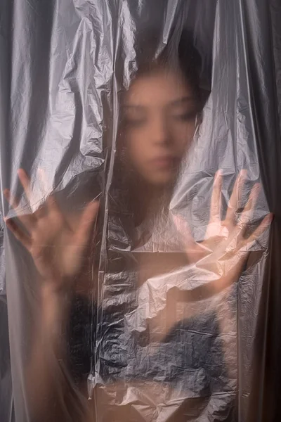 Conceptual Image Young Woman Portrait Transparent Plastic Sheet Sense Isolation — Stock Photo, Image