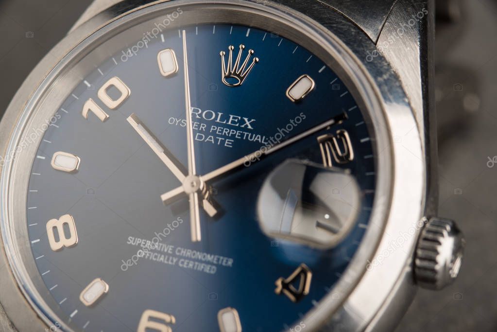Rolex Oyster Perpetual Date watch, close up macro shot