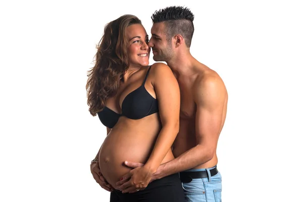 Couple Studio Intimate Portrait White Background Man Hugging His Pregnant — Stock Photo, Image