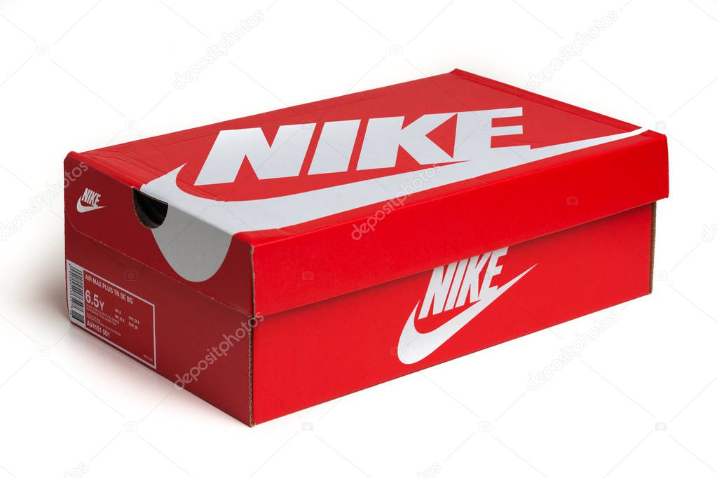 BOLOGNA, ITALY - SEPTEMBER, 2018: Nike shoes box isolated on white background. Nike is one of the world's largest suppliers of athletic shoes. The company was founded in 1964. Illustrative editorial.