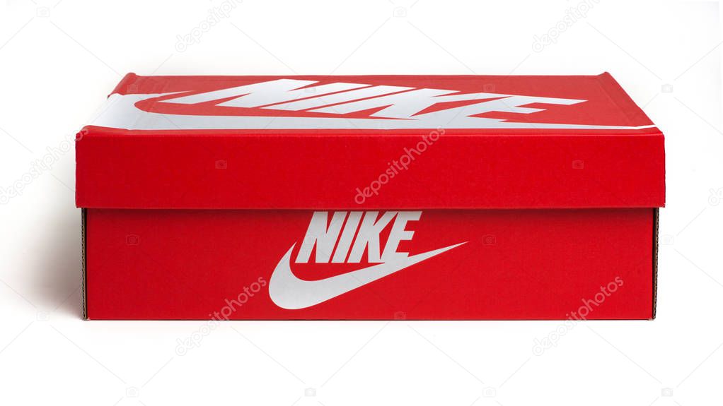 BOLOGNA, ITALY - SEPTEMBER, 2018: Nike shoes box isolated on white background. Nike is one of the world's largest suppliers of athletic shoes. The company was founded in 1964. Illustrative editorial.