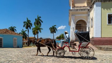 Trinidad, Küba - Mart 2019: Eski şehir merkezinde turist at arabası.
