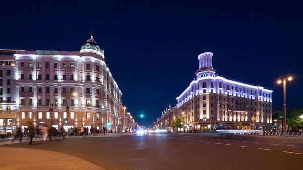 Calle Tverskaya Por Noche Con Edificios Históricos Moscú Rusia — Foto de Stock