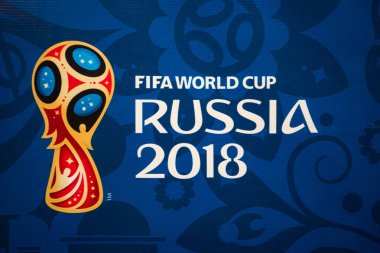Moskova - Circa Mayıs 2018: Rusya Fifa Dünya Kupası 2018 logosu.