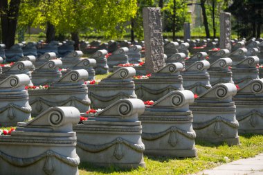 Arka planda Chesme Kilisesi'nin arkasındaki mezarlık mezarları. Vaftizci Yahya Kilisesi. Saint Petersburg, Rusya Federasyonu.