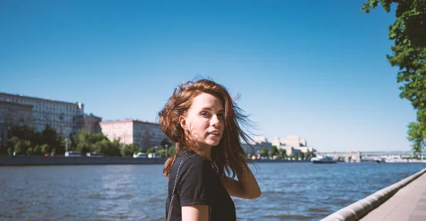 Young Girl Black Dress Stands Background River — Stock fotografie