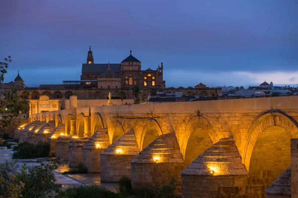 Romersk Bro Vid Solsken Med Mezquita Katedralen Bakgrunden Cordoba Andalusien — Stockfoto