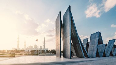 Abu Dabi, Bae - Ekim, 2018: Şehitleri için daimi anıt olan Wahat Al Karama (Haysiyet Vahası) ve Şeyh Zayed Ulu Camii'nin panoramik görüntüsü.