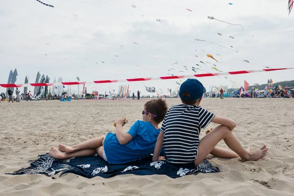 Young brothers watching kites on the beach. — Stok fotoğraf