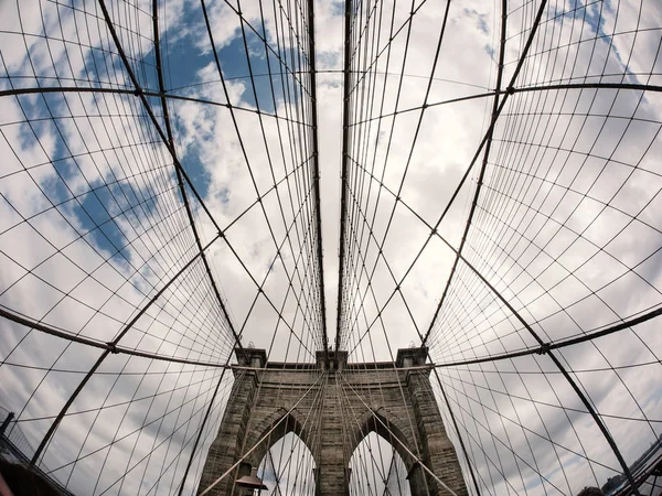 布鲁克林大桥 纽约市 鱼眼镜头视图 布鲁克林大桥是美国最古老的桥梁之一 1883年竣工 — 图库照片