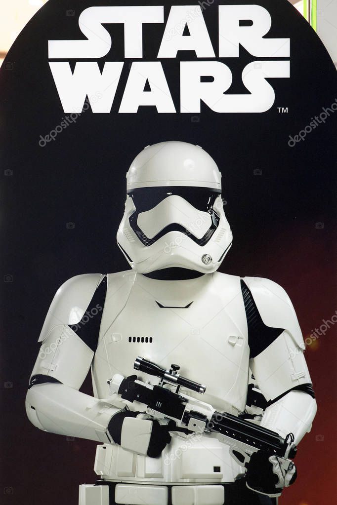 HONG KONG, CHINA - NOVEMBER 26, 2015: Star Wars logo advertising poster inside Commercial Center. Star Wars is an American epic space opera franchise centered on a film series created by George Lucas.