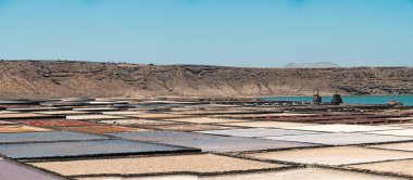 Salinas de Janubio, Lanzarote adasında ana tuz üretimi panoramik görünümü. Kanarya Adaları, İspanya, Avrupa. 