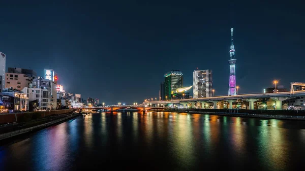 Tokio Japonia Około Marca 2017 Sumida Rzeka Tokio Skyline Nocy — Zdjęcie stockowe