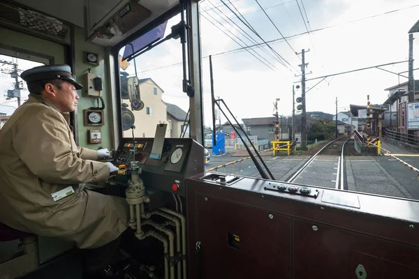 Kyoto Giappone Circa Marzo 2017 Autista Sulla Keifuku Randen Tram — Foto Stock