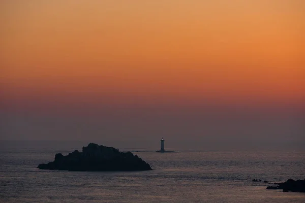 Pointe Grouin Phare Piscando Vista Panorâmica Luz Sol Ponto Rochoso — Fotografia de Stock