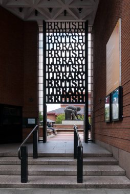 LONDON, UNITED KINGDOM - CIRCA MAY, 2018: Entrance gate of British Library, designed by Lida and David Kindersley. British Library, national library, was separated from British Museum in 1973.