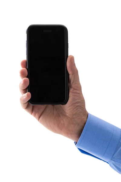 Mano Sosteniendo Teléfono Inteligente Aislado Contra Fondo Blanco — Foto de Stock