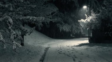 Gece sokakları, fener ışıkları ve parka düşen karlar.