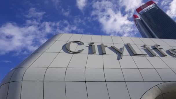 Citylife Shopping District Complex Facade Lettering Signs Green Lawn Sunlight — Stock Video