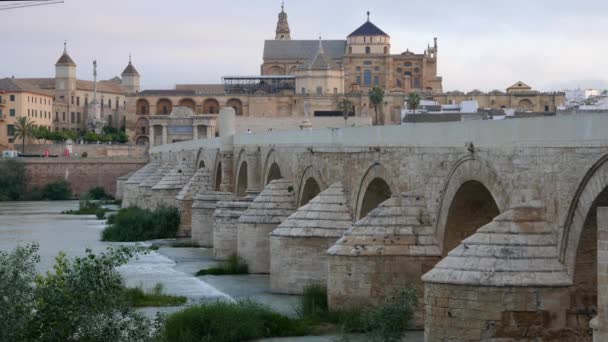 Ponte Romano Sole Con Cattedrale Mezquita Sullo Sfondo Cordoba Andalusia — Video Stock