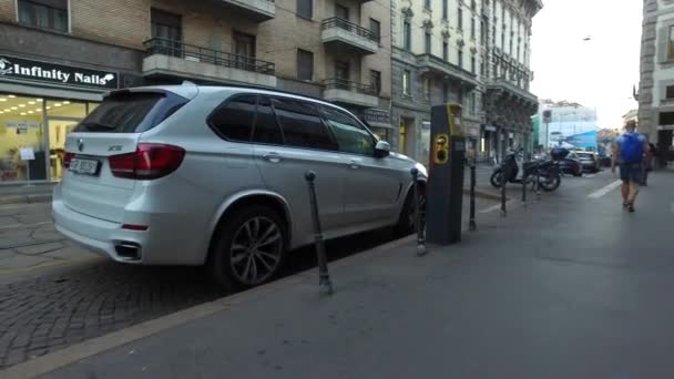 Milan Italy Circa September 2016 Pov Bmw Hybrid Car Charging — Wideo stockowe