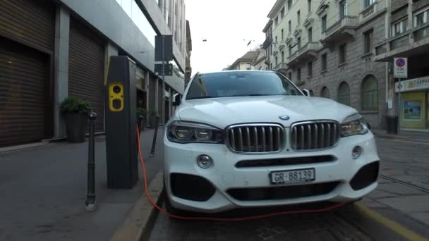 Milan Italy Circa September 2016 Pov Bmw Hybrid Car Charging — Wideo stockowe