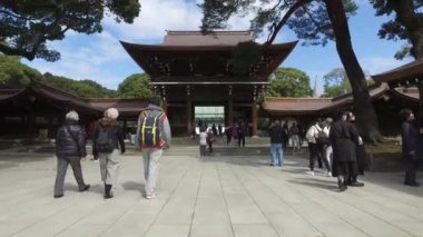 TOKYO, JAPONYA - CIRCA MARCH, 2017: POV Shibuya 'daki Meiji-jingu tapınağında yürüyor.