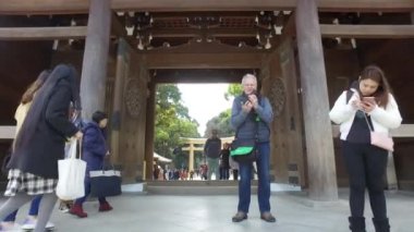 TOKYO, JAPONYA - CIRCA MARCH, 2017: Shibuya 'daki Meiji-jingu Tapınağı altında POV Yürüyüşü.
