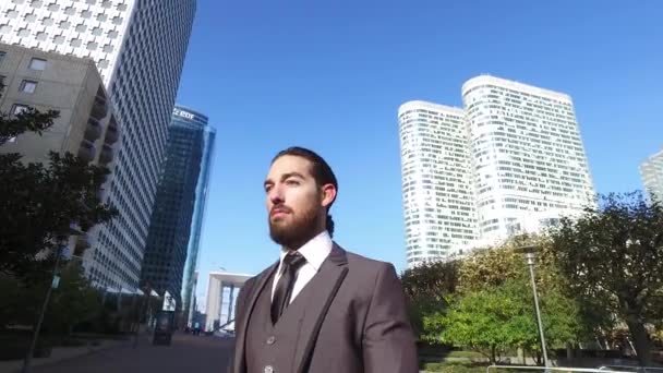 防衛地区で自信を持って若いビジネスマンの肖像画 フランス — ストック動画