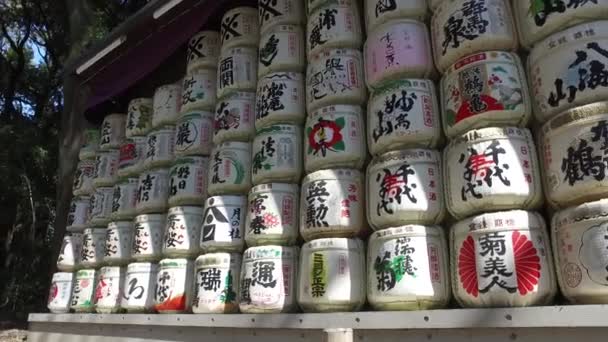 日本东京 2017年3月 在明治祠附近的代代木公园 用稻草裹成的桶 酒精饮料是由发酵大米制成的 酿造过程与啤酒相似 — 图库视频影像