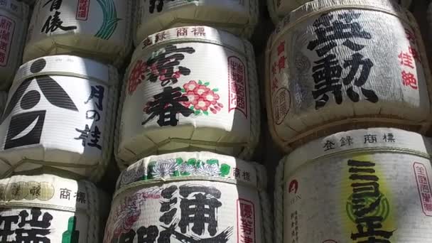 Tokyo Japón Circa Marzo 2017 Barriles Sake Envueltos Paja Parque — Vídeo de stock