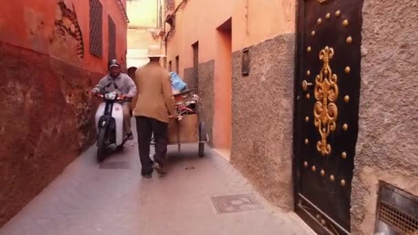 Marrakech Morocco April 2019 Pov View Local Man Holding Barrow — стокове відео