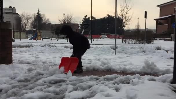 Unga barn skotta snö från trottoaren. — Stockvideo