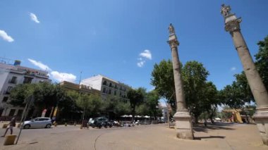 SEVILLA, İspanya - Haziran 2018 Sevilles 'in en büyük açık alanı, Alameda de Hercules. Her iki ucunda da Roma sütunları olan uzun ağaçlarla kaplı bir gezinti güvertesi..