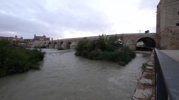 Ponte Romana Sol Com Catedral Mezquita Fundo Córdoba Andaluzia Espanha — Vídeo de Stock