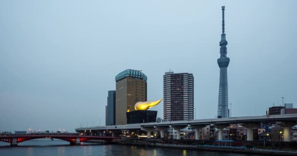 Tokyo Ιαπωνια Circa Μαρτιοσ 2017 Ποταμός Sumida Ορίζοντα Τόκιο Νύχτα — Αρχείο Βίντεο