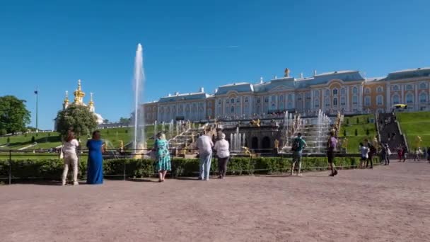 Timelapse Wideo Turystów Przez Fontanny Peterhof Grand Palace — Wideo stockowe