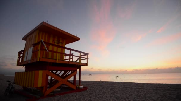 Sunshine Miami Beach Lifeguard Tower Typical Colorful Art Deco Style — Vídeo de stock