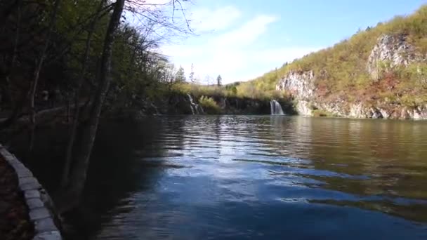 Scenic View River Distant Falls Sunlight — Stock Video