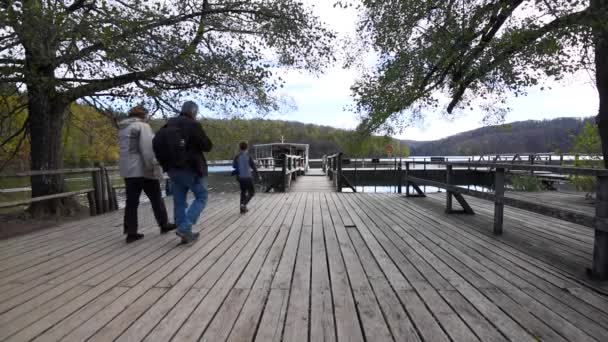 Plitvice Croatia Circa October 2017 Wooden Pier Tourists Walking Plitvice — Wideo stockowe