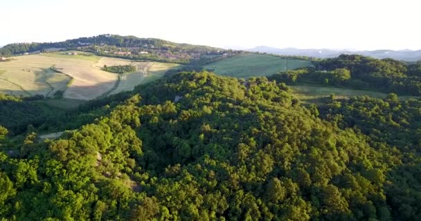 Aerial View Lush Green Hills Distant Valley Village — Stock Video