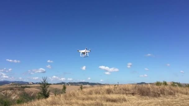 Quadcopter Blanco Volando Sobre Campo Seco — Vídeos de Stock