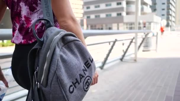 2018年10月 女人与香奈儿背包袋走在街上 香奈儿是一家高级时装公司 专门经营女性高级时装 奢侈品 时装和配饰 — 图库视频影像
