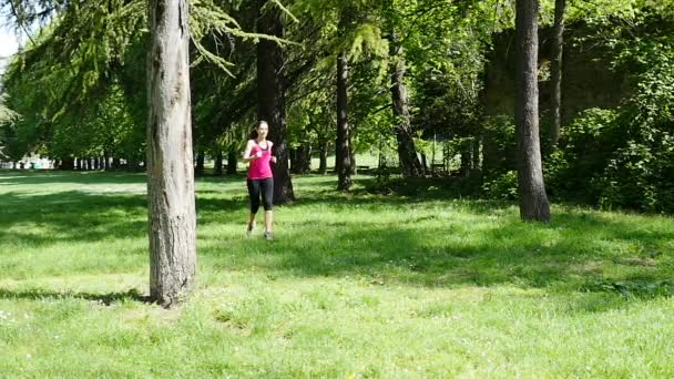 Joven Hermosa Mujer Corriendo Aire Libre Parque — Vídeos de Stock