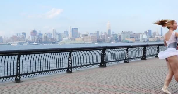 Young Beautiful Ballerina Dancing New Jersey Waterfront New York Skyline — Stock Video